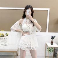 New Product Summer Seaside Camisole Halter Top Vest &amp; Casual Shorts &amp; Hollowed-Out Lace Sunblock Three-Piece Set Womens Dress Free Shipping