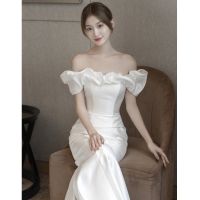 One-shoulder French light wedding dress satin simple 2023 new style mermaid white slimming banquet trailing tail go out gauze summer