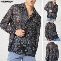 Beehoo INCERUN Mens Casual ดูผ่านแขนยาวชาติพันธุ์เสื้อลายพิมพ์เสื้อฤดูร้อน (Western Style)