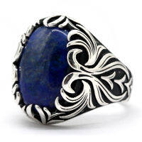 Lapis Lazuli แหวนผู้ชาย925เงิน Punk หินสีฟ้าธรรมชาติผู้ชายแหวนเงิน Vintage แกะสลักเครื่องประดับตุรกี Gift