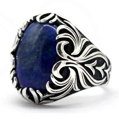 Lapis Lazuli แหวนผู้ชาย925เงิน Punk หินสีฟ้าธรรมชาติผู้ชายแหวนเงิน Vintage แกะสลักเครื่องประดับตุรกี Gift