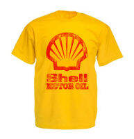 เสื้อยืด สีเหลือง แขนสั้น คอกลม SHELL 001 VINTAGE OIL LUBRICANT น้ำมันเครื่อง วินเทจ เรซซิ่ง