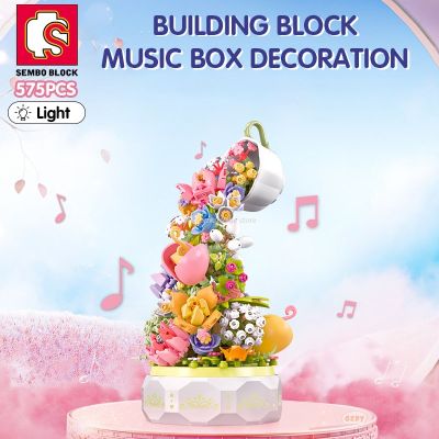 SEMBO BLOCK 575pcs Teacup Flower Lighting Music Box Building Block Home Decor Anime Creative Gift Toy For Child Adults