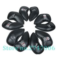 10PCS New Thick PU Artificial Leather Black Golf Skull Iron Headcover Sets Iron Club Head Cover