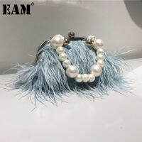 [EAM] Handle Bag Female Wallet Retro Lux Shoulder Bag New Fashion Temperament Feathers Pearl Chain Crossbody Clutch18A5874