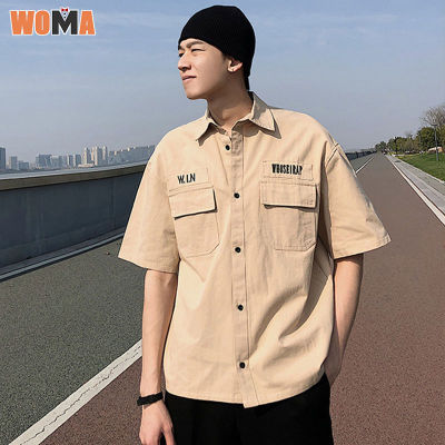 WOMA เสื้อเชิ้ตเครื่องมือใหม่ของผู้ชาย,เสื้อแจ็กเก็ตเสื้อยืดแขนยาวครึ่งแขนทรงหลวมสไตล์เกาหลีได้รับความนิยมในอินสตาแกรม