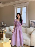 Hangzhiyun H6868 French Sweet Square Collar Wrinkled Dress Women 2023 Summer Mid-Length High Waist Pleated Skirt