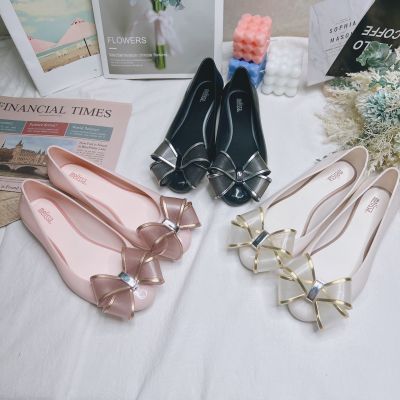 【Ready Stock】NewMelissaˉWomens shoes, jelly single shoes, gilded bow knots, jelly beach shoes