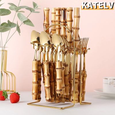 24Pcs Natural Bamboo Tableware Set With Cutlery Rack 304 Stainless Steel Knife Fork Spoon Cutlery Set Flatware Set With Gift Box