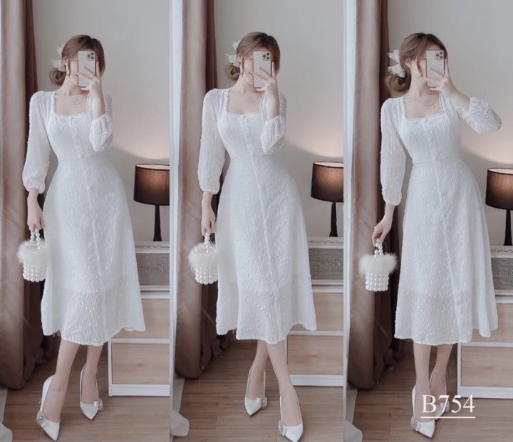 Đầm dự tiệc đầm trắng cổ vuông tay phồng dáng dài Lucas Dress ...