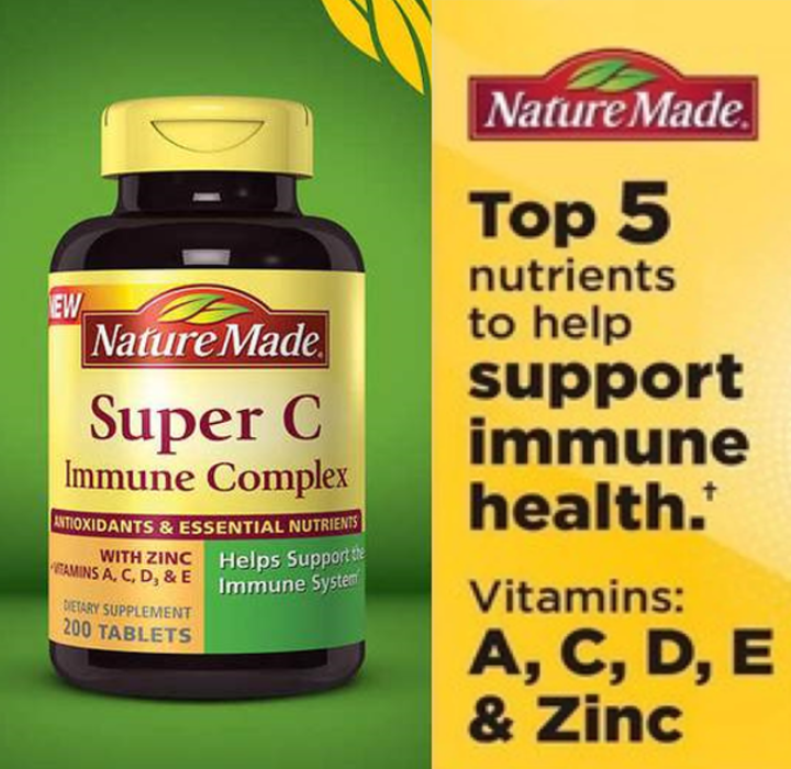 Super C Immune Complex, with Zinc Tablets 200 Nature Made วิตามิน C, A