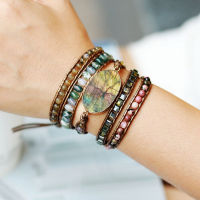 Native Inspired Beads Leather Bracelet Labradorite Crystal 5 Strands Woven Wrap Bracelets Bohemian Statement Bracelet Dropship