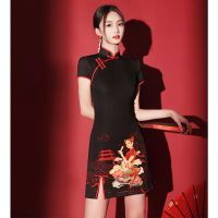 ชุด cheongsam กี่เพ้า น้ำแห่งชาติรุ่นปรับปรุงสไตล์จีนรุ่นเล็กย่อหน้าสั้นๆทอดถนนชุดหญิง ปรับปรุง cheongsam 2022 เด็กสาวใหม่สีดําทอดถนนเสื้อผ้าผู้หญิงสไตล์จีน MTM893