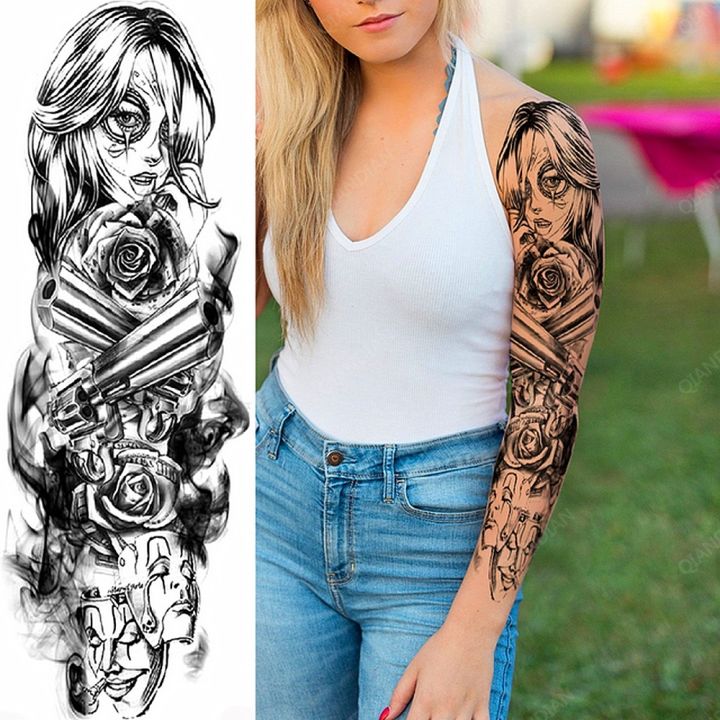 full-arm-temporary-tattoo-lady-gun-eye-flower-tiger-lion-skull-eagle-women-body-leg-waterproof-sticker-cool-man-totem-sleeve