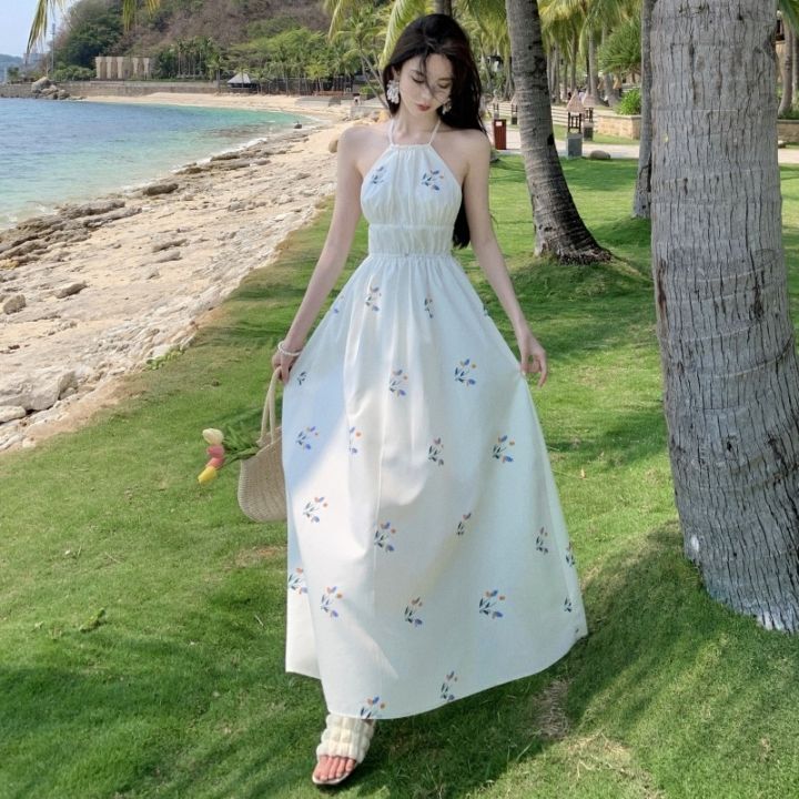 thailand-tourism-photos-seaside-holiday-beach-dress-super-fairy-backless-bind-printed-strap-dress