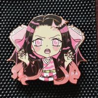 【DT】hot！ Kawaii Kamado Nezuko Hard Enamel Pin Cartoon Pink Hair Brooch Anime Demon Slayer Fans Badge Jewelry