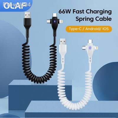 ☌∋ Car 3in1 66W Fast Charging Spring Cable USB A To Type-C/Android/IOS USB C Cable Lightning for iPhone Micro for Samsung Data Cord