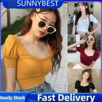 SUNNYBEST เสื้อยืดคอวีแนวหวานสำหรับผู้หญิง,Baju Crop Lengan Pendek เอวสูงเพรียวบางเสื้อยืดธรรมดาฤดูร้อน