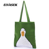 Cute Cartoon Duck Top-handle Tote Bag Teen Women Winter Vintage Retro Rural Anime Knitting Kawaii Stylish Green Handbag Female