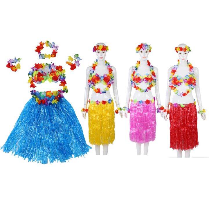 6-set-hawaiian-grass-skirt-flower-hula-lei-wristband-garland-fancy-dress-costume