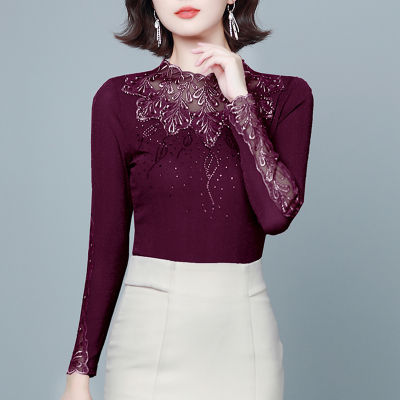 Camisetas Mujer Diamonds Mesh Lace Women T-Shirt Autumn Tops Woman  New Korean Fashion Slim Womens Clothing Tee Shirt Femme