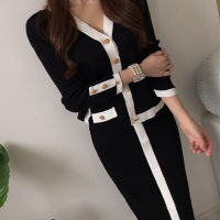 New 2021 Autumn Winter Korean Color Black Knitted Suit Womens V-Necked Cardigan Sweater + High Waist Midi Skirt Two Piece Set
