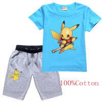 Pikachu ผ้าฝ้ายน่ารักฤดูร้อนเด็กเสื้อผ้ากางเกงขาสั้นเสื้อยืดสาวเสื้อแขนสั้นชุดเด็กชายแขนสั้น Cartoon