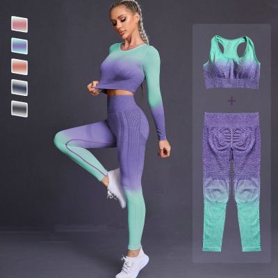 2PC Ombre Women Yoga Set Seamless Leggings Long Sleeve Crop Top Sports Bra Running Pants Gym Clothing Fitness Workout Gym set