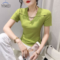 YIMEI เสื้อยืดผู้หญิงคอวีสายโซ่ตัวอักษร,เสื้อยืดผู้หญิงผ้าฝ้ายแขนสั้นใหม่ฤดูร้อนสไตล์ต่างประเทศแฟชั่น2023เสื้อยืดผู้หญิงฉบับภาษาเกาหลีเข้ารูปพอดี