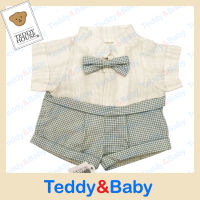 Teddy House : ชุดตุ๊กตา ชุดเสื้อ+กางเกงลายสก๊อตฟ้า ขนาด 14 นิ้ว