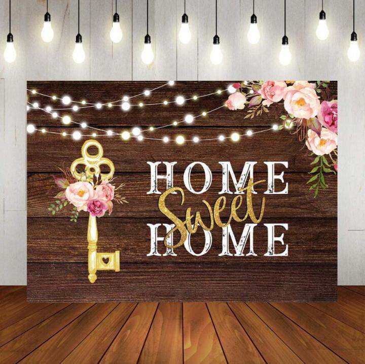 Housewarming Backdrop Pink Floral Sweet Home Key Shining Lights ...