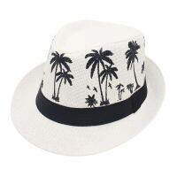 Coconut Tree Print Panama Straw Hat Cowboy Fedoras Austria Beach Sun Hat Trilby Termi Lightweight Gentlemens Jazz Gangster Cap