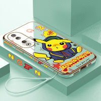 Volans เคสสำหรับ Honor 90 5G 90 Lite 5G ฟรีสายคล้องน่ารักการ์ตูน Pikachu ขอบสี่เหลี่ยมลวดลายเคสโทรศัพท์ชุบหรูหราเคสโทรศัพท์นิ่ม