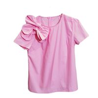 Free Shipping Spring Summer New Style Niche Pink Bow O neck Versatile Cotton Short Sleeve T-shirt female women T-shirt Top