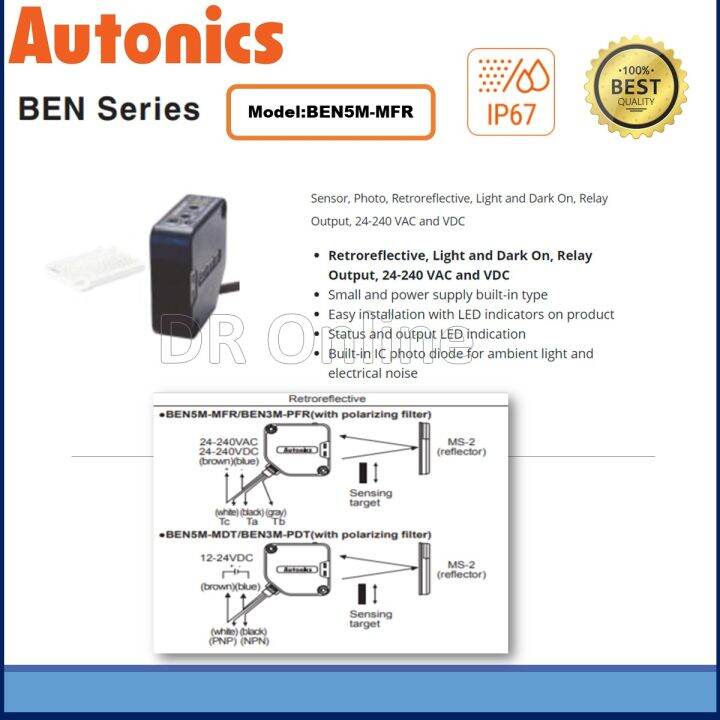 Autonics Photoelectric Sensor BEN5MMFR Retroreflective, Light & Dark