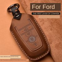 Crazy Horse Leather Car Key Case For Ford Mustang 2018 EcoSport Remote Fobs Shell Cover Keys Bag Keychain Auto Accessories