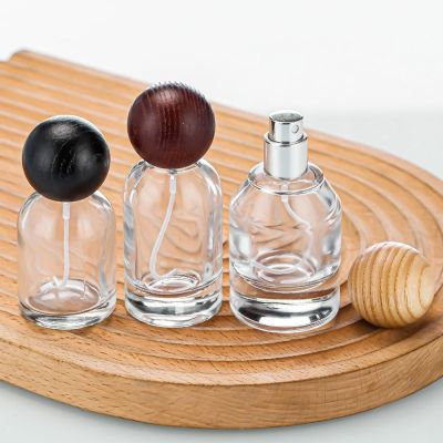 30ml Portable Glass Perfume Spray Bottle Travel Perfume Atomizer Wooden Cap Clear Black Sprayer Pump Cosmetic Container