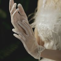 ☂❅ Wrist Length Gloves with Pearls Finger Transparent Short Wedding Accessories