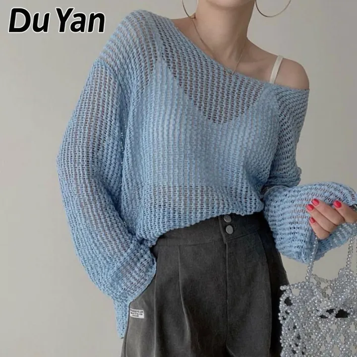 Du Yan ที่เรียบง่ายรอบคอเสื้อสวมหัวหลวมด้านบนบางกลวงมุมมองครีมกันแดดถัก