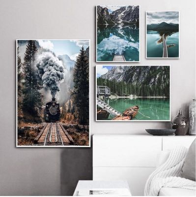 Mountain Lake พิมพ์ Lago Di Braies โปสเตอร์ผ้าใบภาพวาดรถไฟ Landscape Wall Art ห้องนั่งเล่นตกแต่งบ้านภาพผนัง