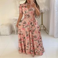 【HOT】❂♘❖ 2022 Hollow Out Design Short Sleeve Floral Leopard Dot Print Sashes Robe Vestido