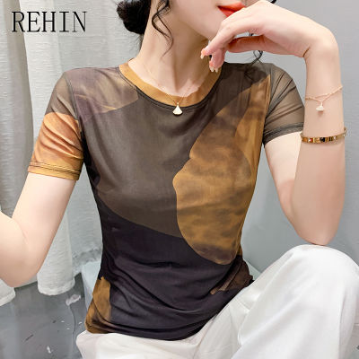 REHIN เสื้อผู้หญิงผ้าตาข่ายแขนสั้น,ฤดูร้อนแฟชั่นใหม่เสื้อยืดคอกลมเข้ารูปพอดีบาง S-3XL หรูหราเสื้อตามเทรนด์