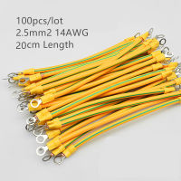 100Pcs 20ซม. 14 AWG 2.5mm2 BVR สีเหลือง-สีเขียวสายดินพลังงานแสงอาทิตย์พร้อมขั้วทองแดง PV ตู้สะพานรั่ว Earth Cable