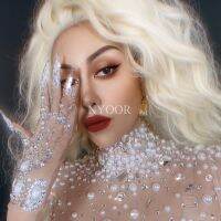 หรูหรา Rhinestone ไข่มุกสั้นตาข่ายถุงมือคริสตัลส่องแสงถุงมือนักเต้นนักร้องไนท์คลับการแสดงบนเวทีอุปกรณ์เสริม