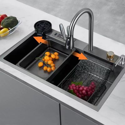 Kitchen Sink 304 Stainless Steel Waterfall Sink 3mm Thick Nano Large Single Sink Anti-Scratch Counter Top Sink With Knife Holder