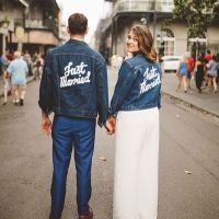 hot【cw】 Just married bride groom denim Jacket Transfer Iron on Decal bridal shower Newlywed wedding travel gift