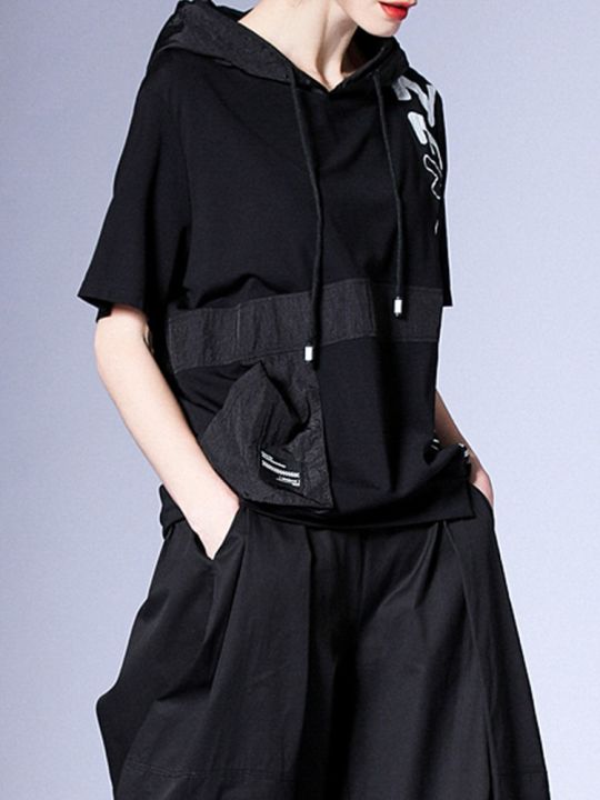xitao-t-shirt-loose-letter-print-patchwork-women-hooded-t-shirt
