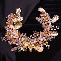 【YF】 Bride Wedding Pearls Large Rhinestone Hair Vine Bridal Gold Piece Pink Crystal Headband Accessories for Women