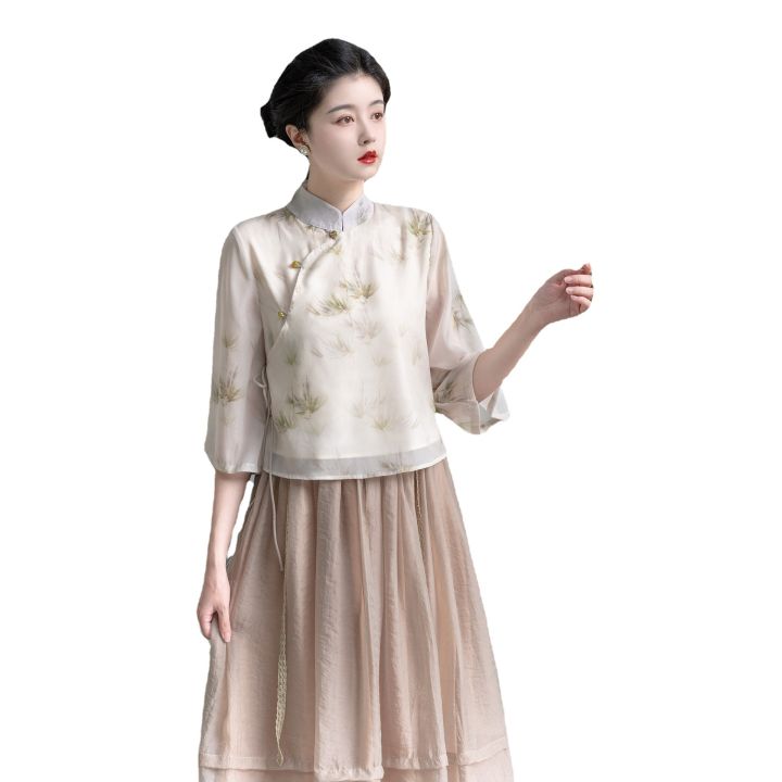 2023ใหม่ชุดชาเซน-hanfu-เสื้อเชิ้ตเสื้อแขนยาวสตรี-กระโปรงเอวยางยืด