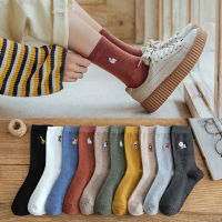 10 pieces = 5 pairs Women Socks Solid Color Cotton 2020 New Style for Autumn and Winter Embroidery Cute Animal Socks women